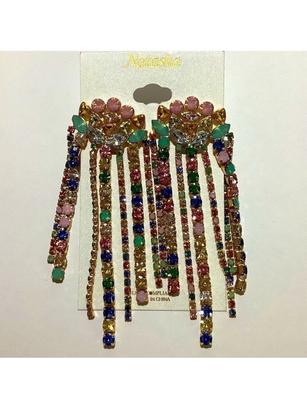 Natasha Multicolor Crystal Waterfall Drop Earrings New